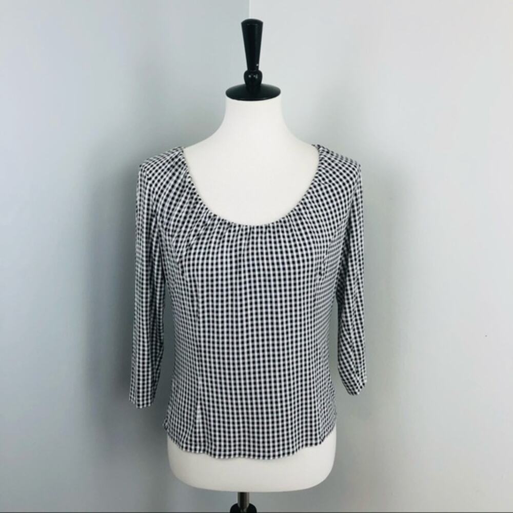 MaxMara Weekend Gingham Jersey Fitted Stretch 3/4 Sleeve Top Large Chic
